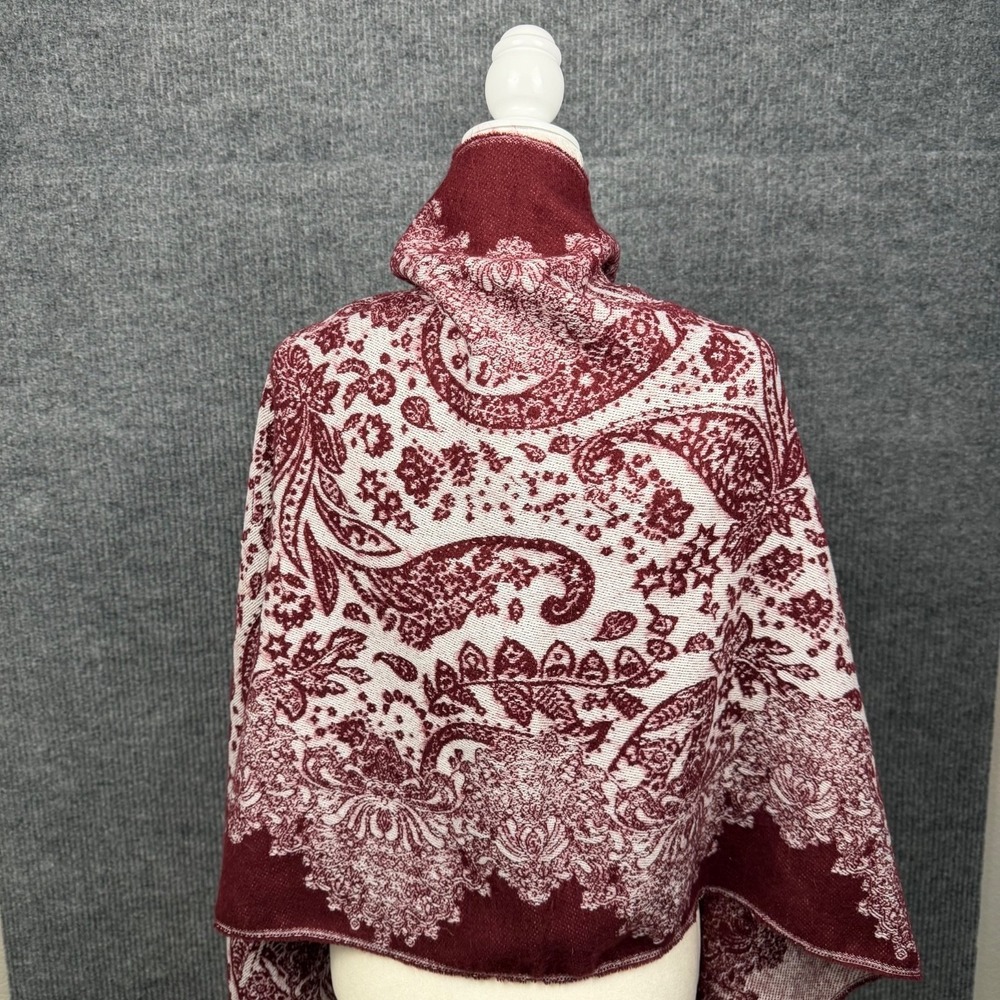 Wool Blend Paisley Wrap Shawl Scarf Preppy Cozy Maroon Burgundy - Picture 3 of 11